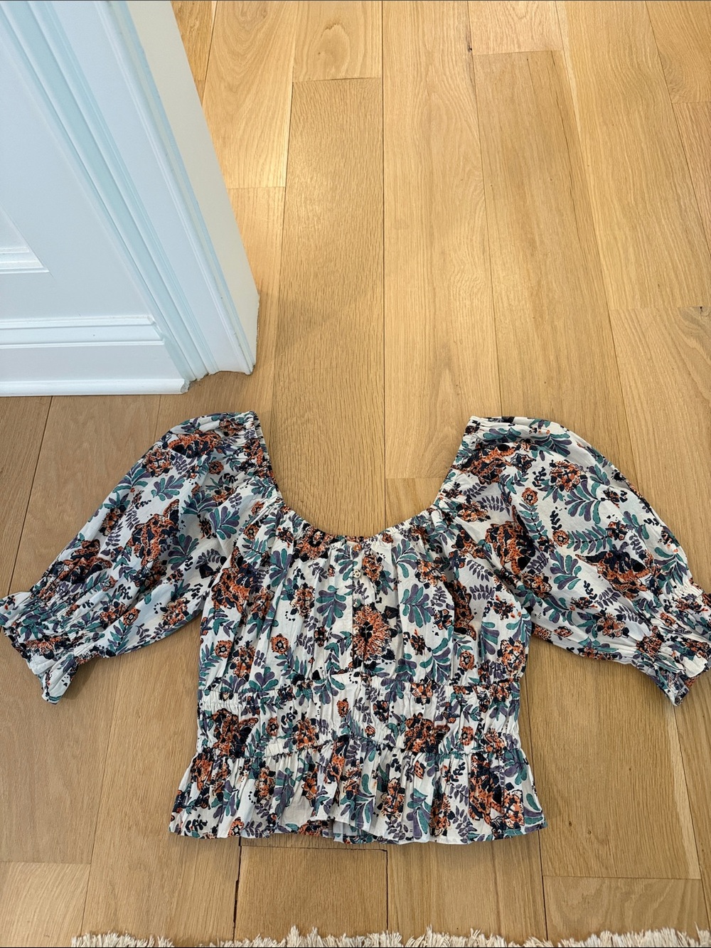 Cleobella White Floral Smocked Crop Top with Teal & Rust Accents